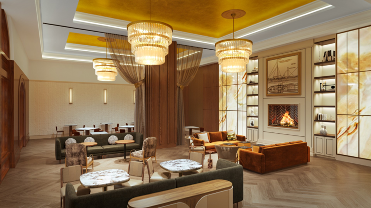 Upscale lounge offers multiple seating arrangements and a burning fireplace, under a gold ceiling with chandeliers, flanked by decorative panels and bookshelves.