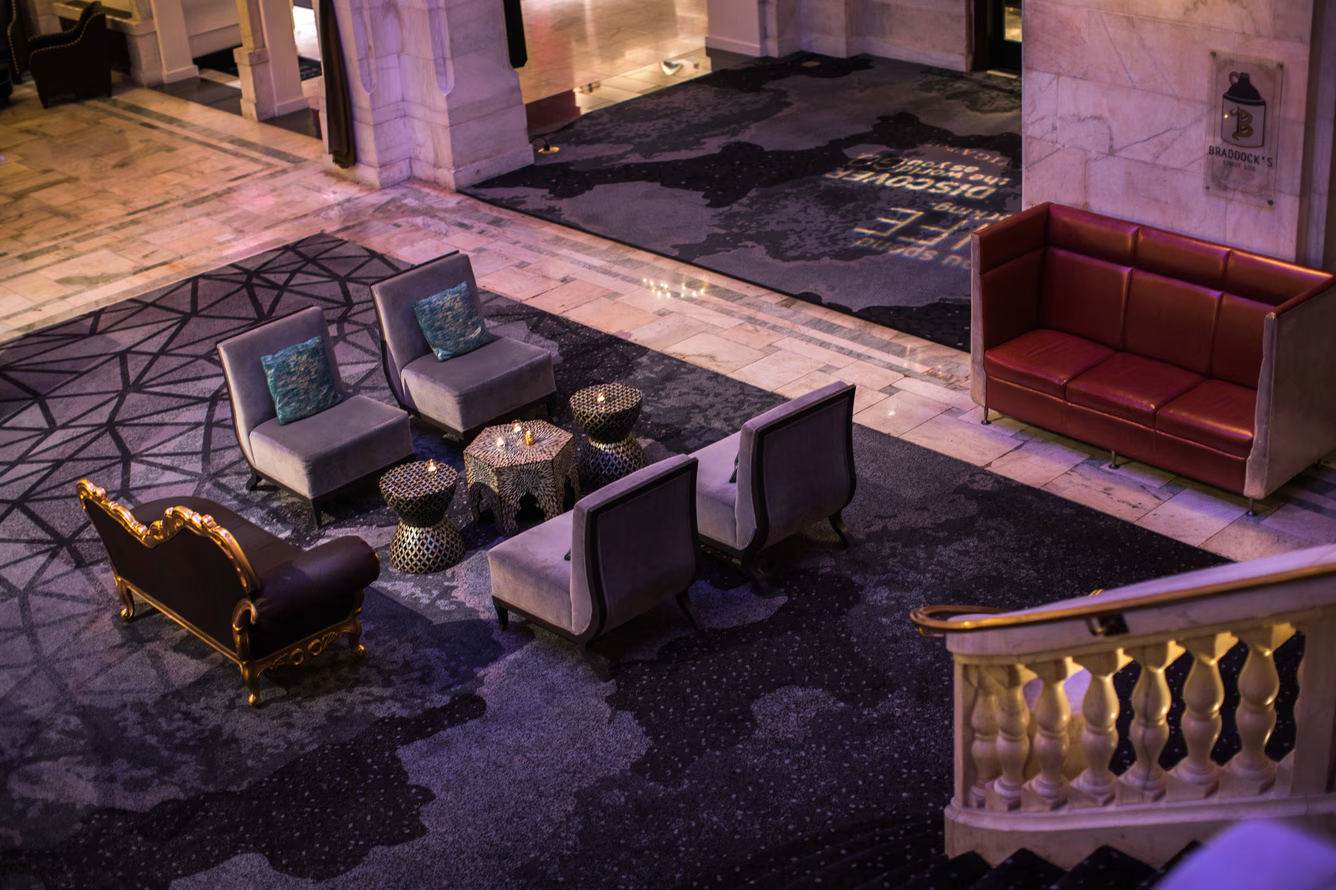 Looking down on a comfortable seating area in the lobby