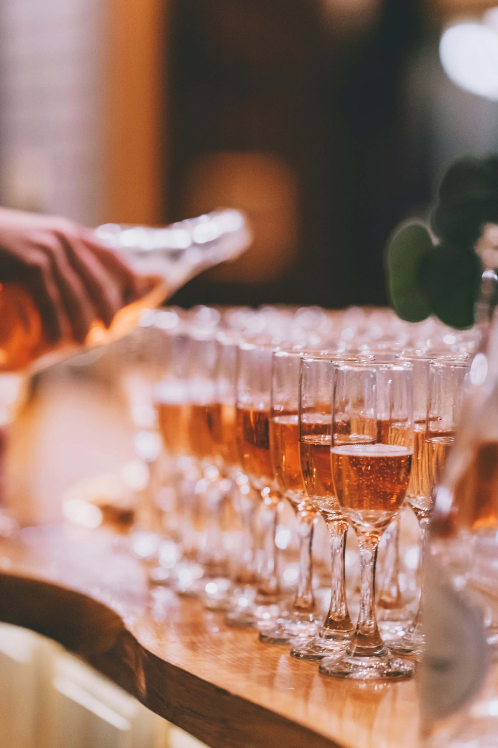 Rows of champagne flutes being filled at an event