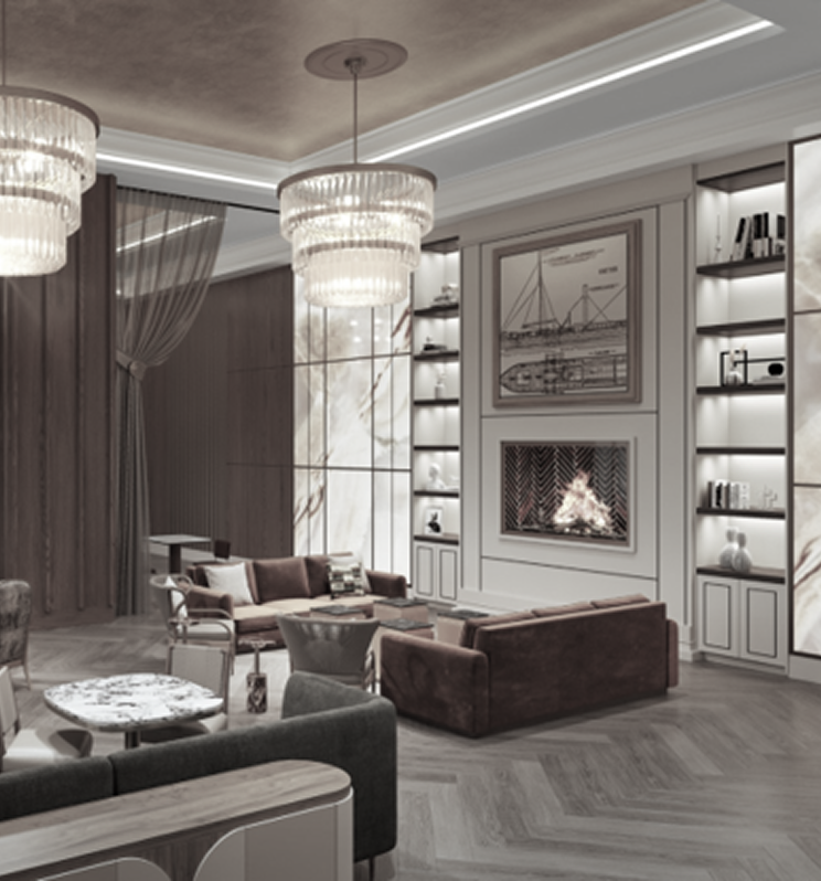 Luxurious lounge interior with several seating groups under crystal chandeliers. A fireplace glows beneath a ship blueprint art, flanked by illuminated shelves on a herringbone floor.