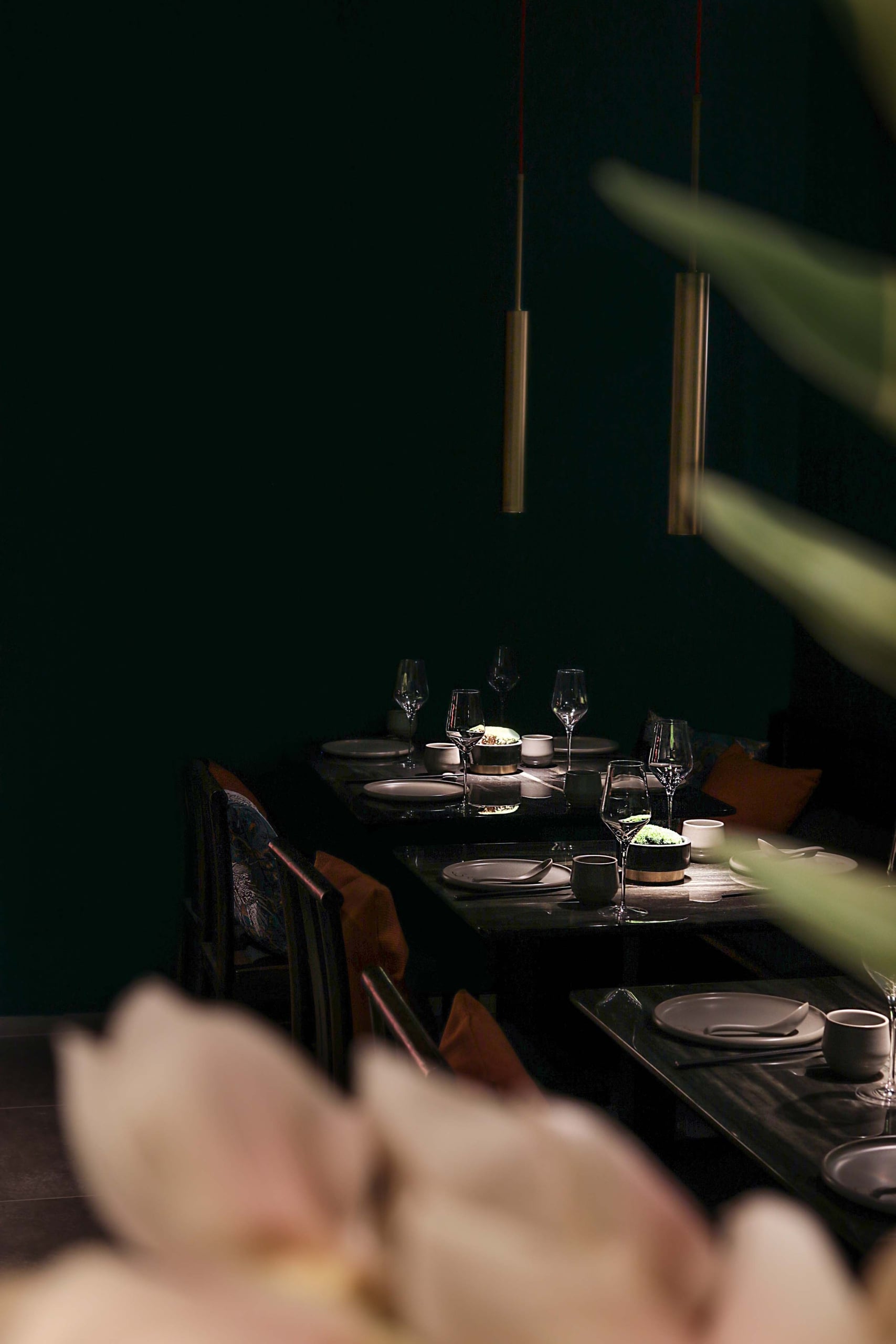Multiple dining tables, set with elegant dinnerware and wine glasses, are arranged in a dimly lit, dark green restaurant interior, partially obscured by blurred foreground plants.