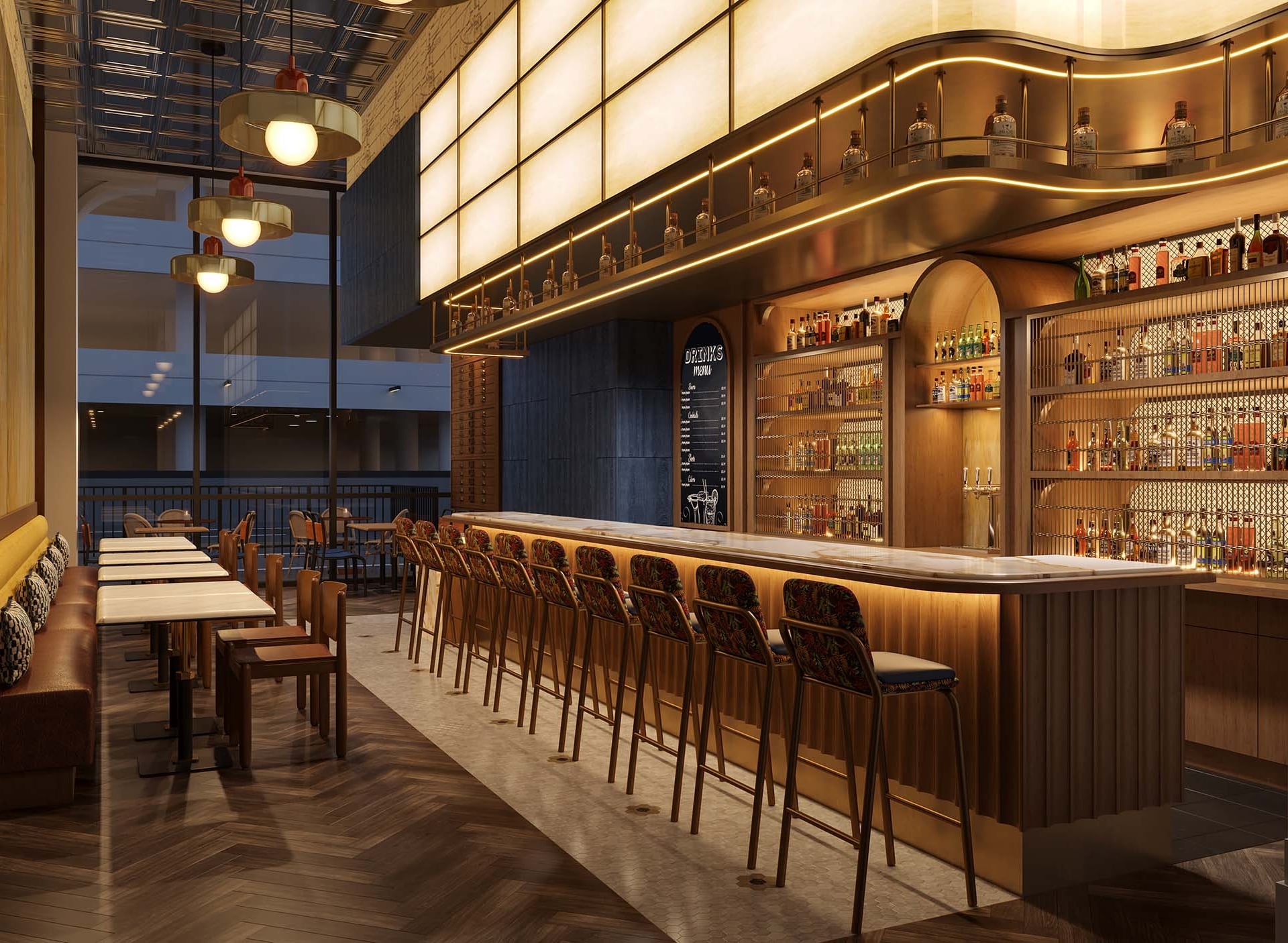 A modern bar with warm lighting