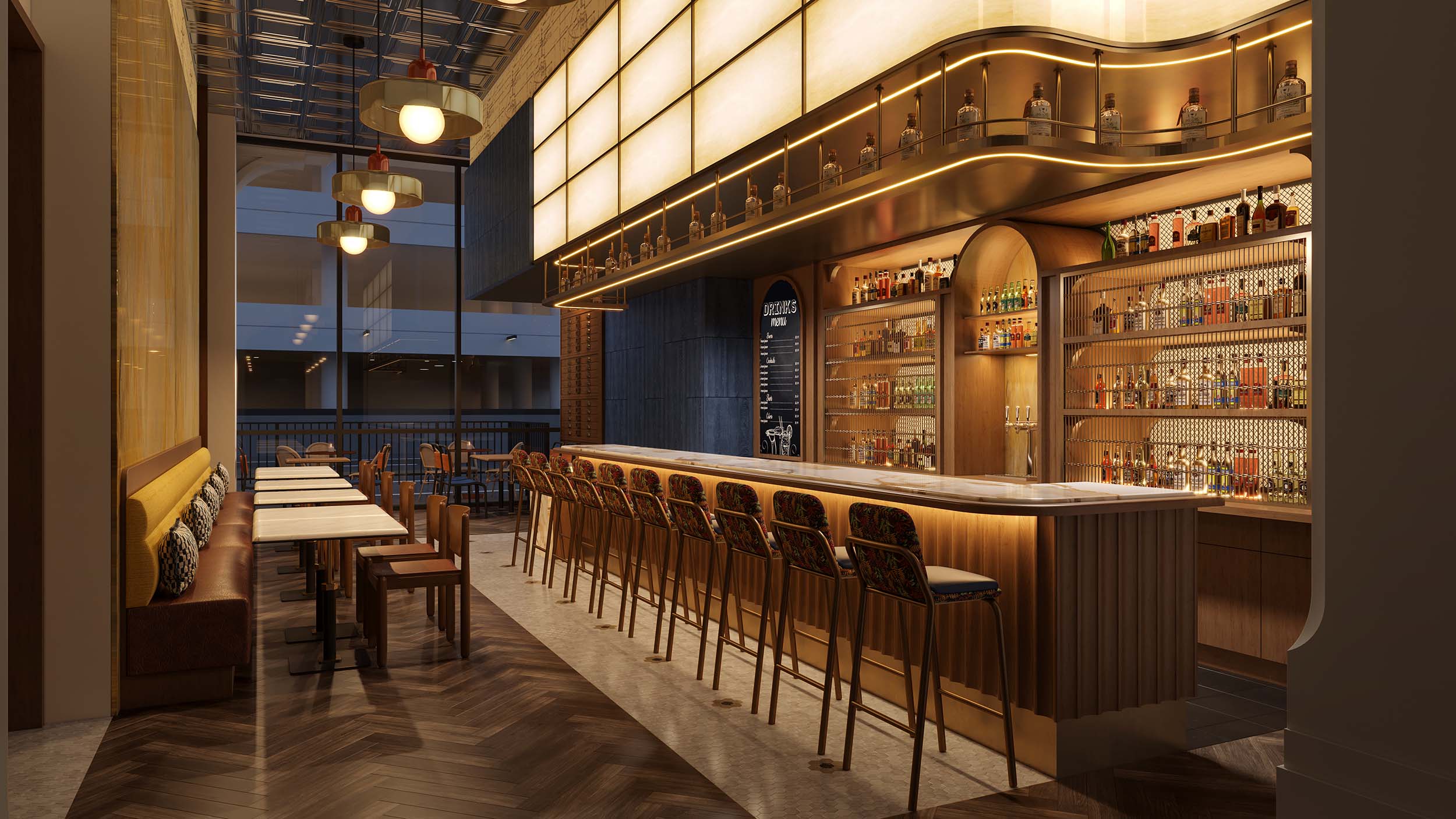 A modern bar with warm lighting
