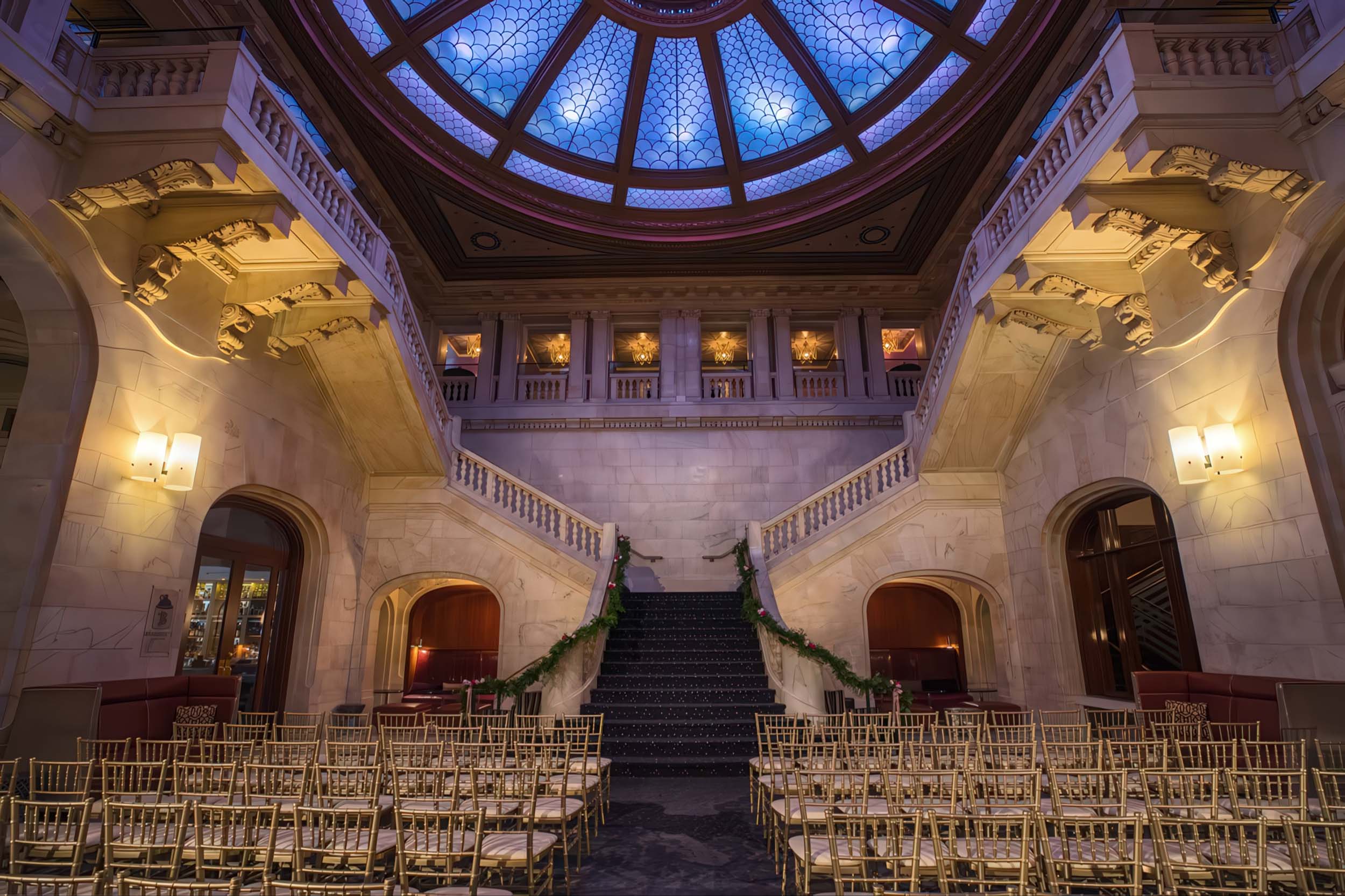 Wedding ceremony set up facing a beautiful staircase