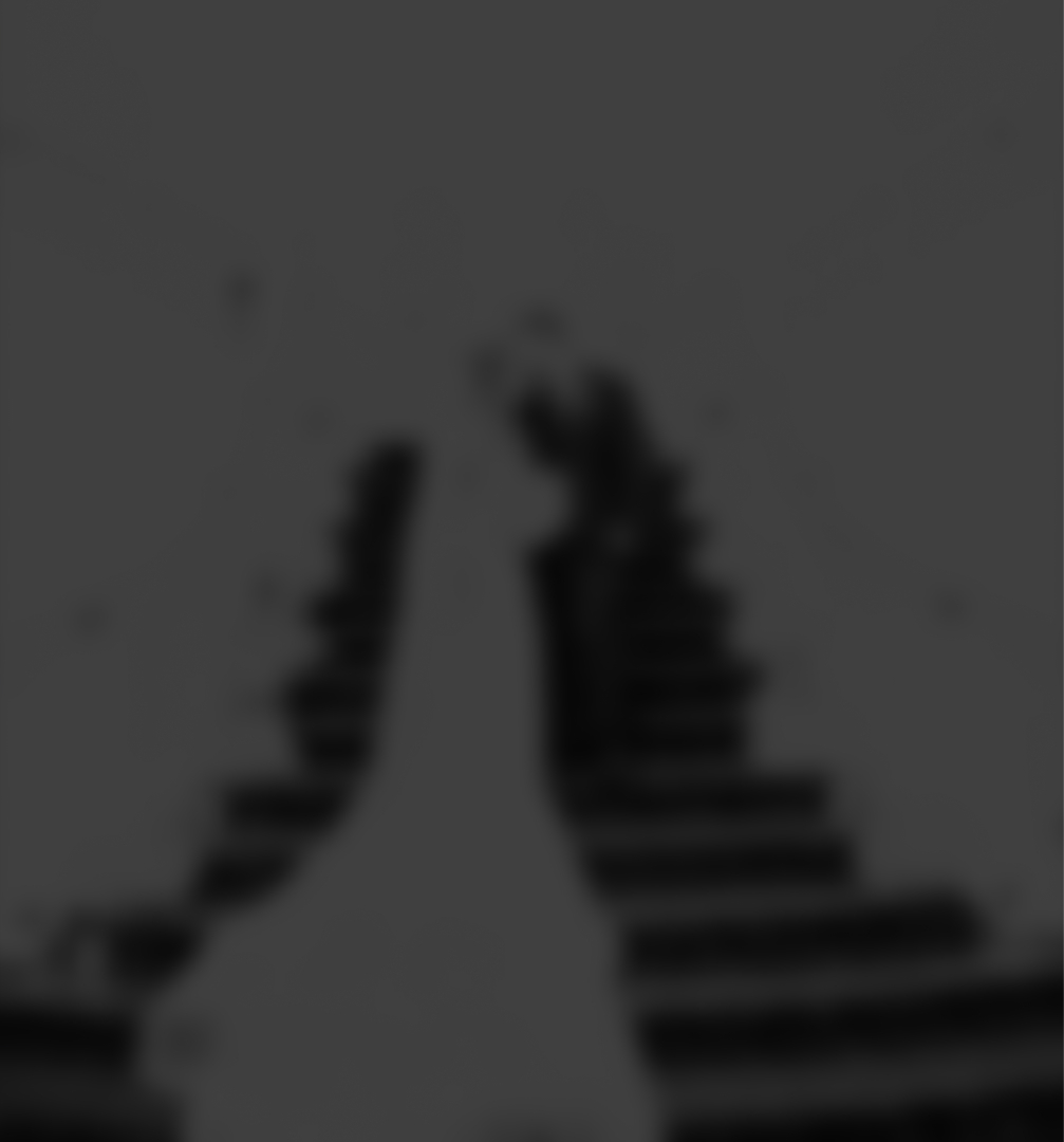 A solitary, light-clad figure ascends a grand staircase, flanked by repeating dark horizontal elements within a very dim environment.